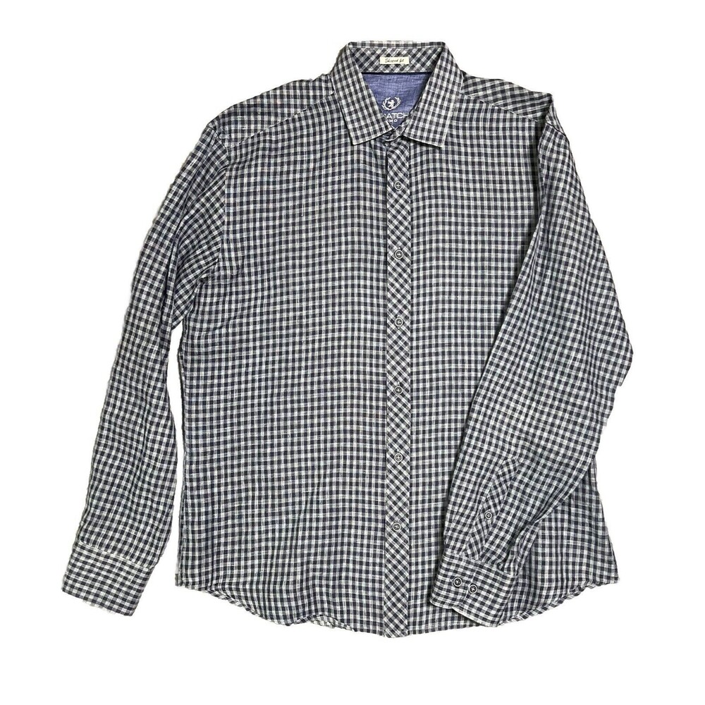 Bugatchi Uomo 100% Linen Button Up Shirt Men's 15.25/35 Blue Check Plaid Gingham